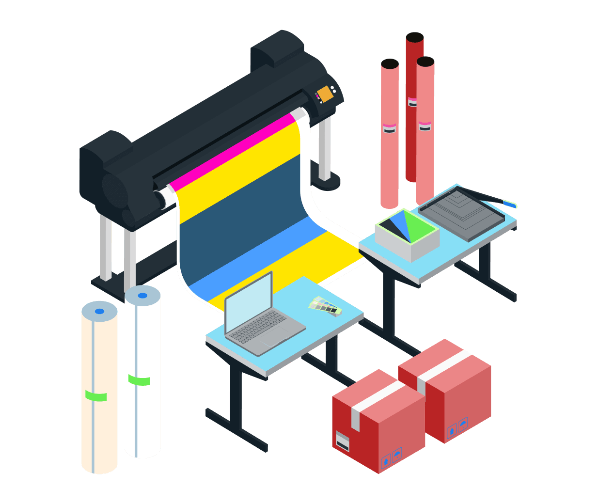 Professional large-format printing machine with colour calibration tools