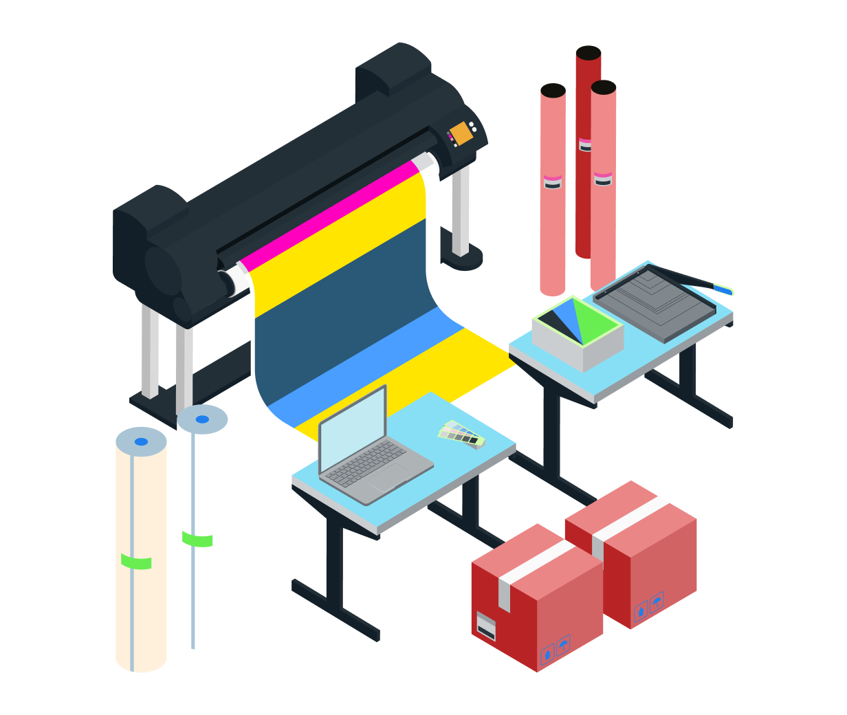 Professional large-format printing machine with colour calibration tools